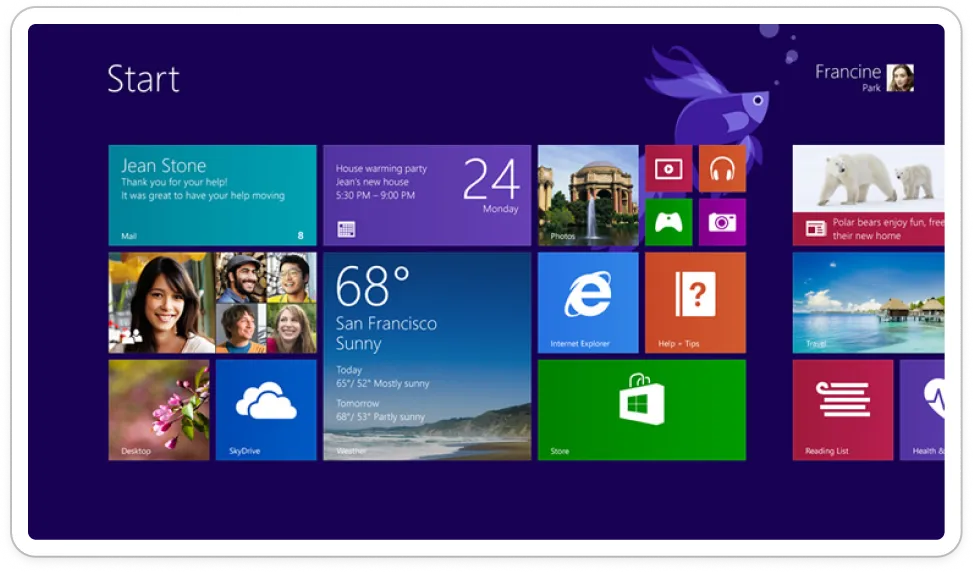 Windows 8 Start screen with live tiles showing various apps like Mail, Photos, Weather, and Internet Explorer, along with the user's profile and a purple background.