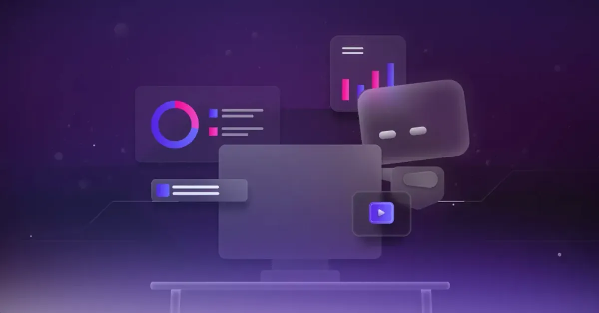 Robot character working at a computer with charts and graphs on a dark purple background representing AI-assisted animation and data visualization