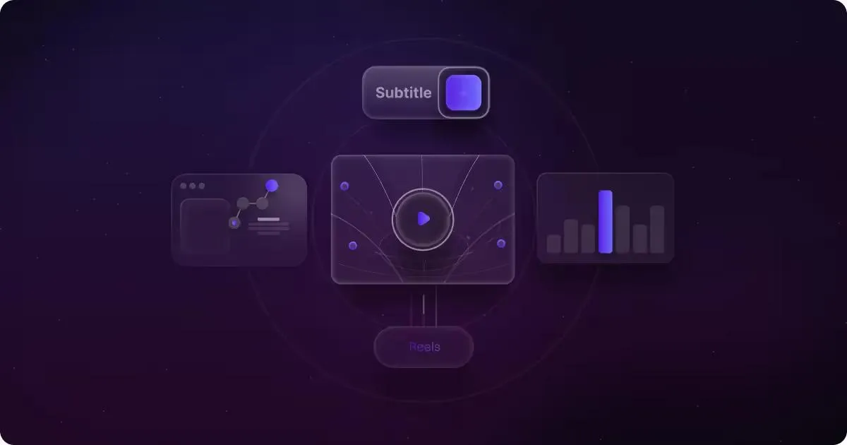 A digital interface showcasing a video player at the center, surrounded by elements representing data visualization and subtitles. The background is dark with a cosmic theme, emphasizing a modern and tech-savvy design.