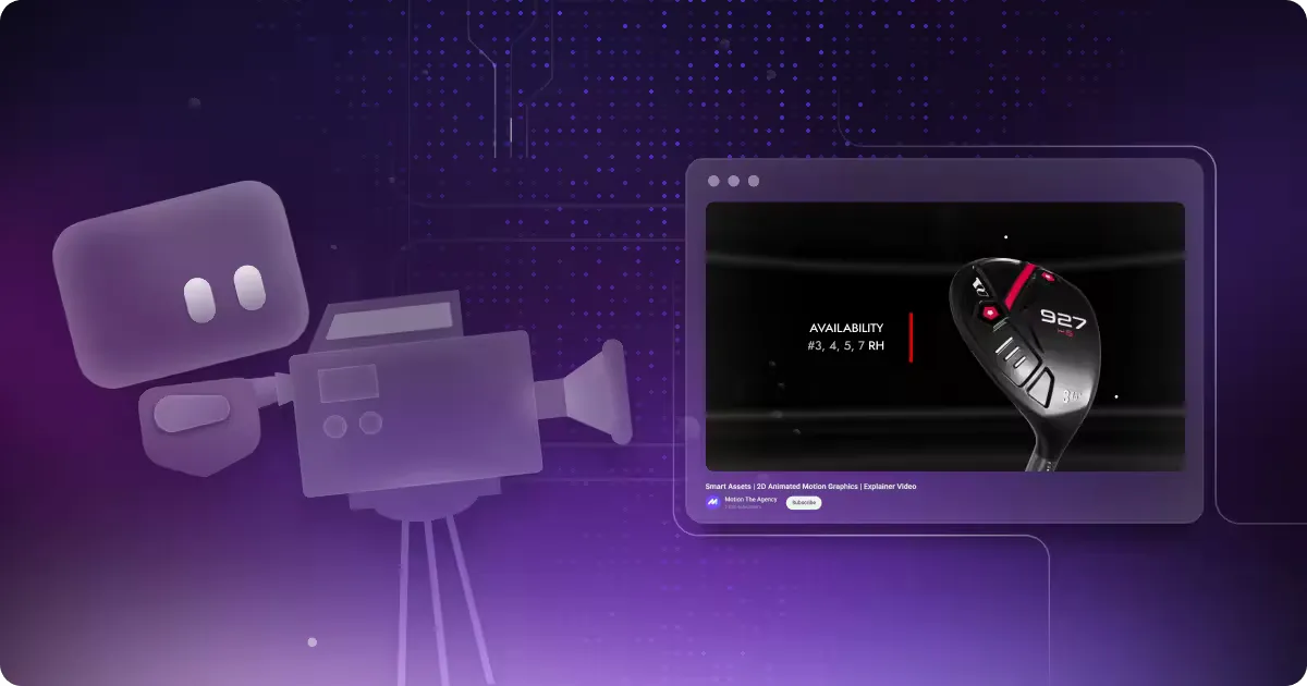 Motion The Agency branded graphic featuring a 2D animated motion graphics explainer video for a golf club product, highlighting digital-first smart assets
