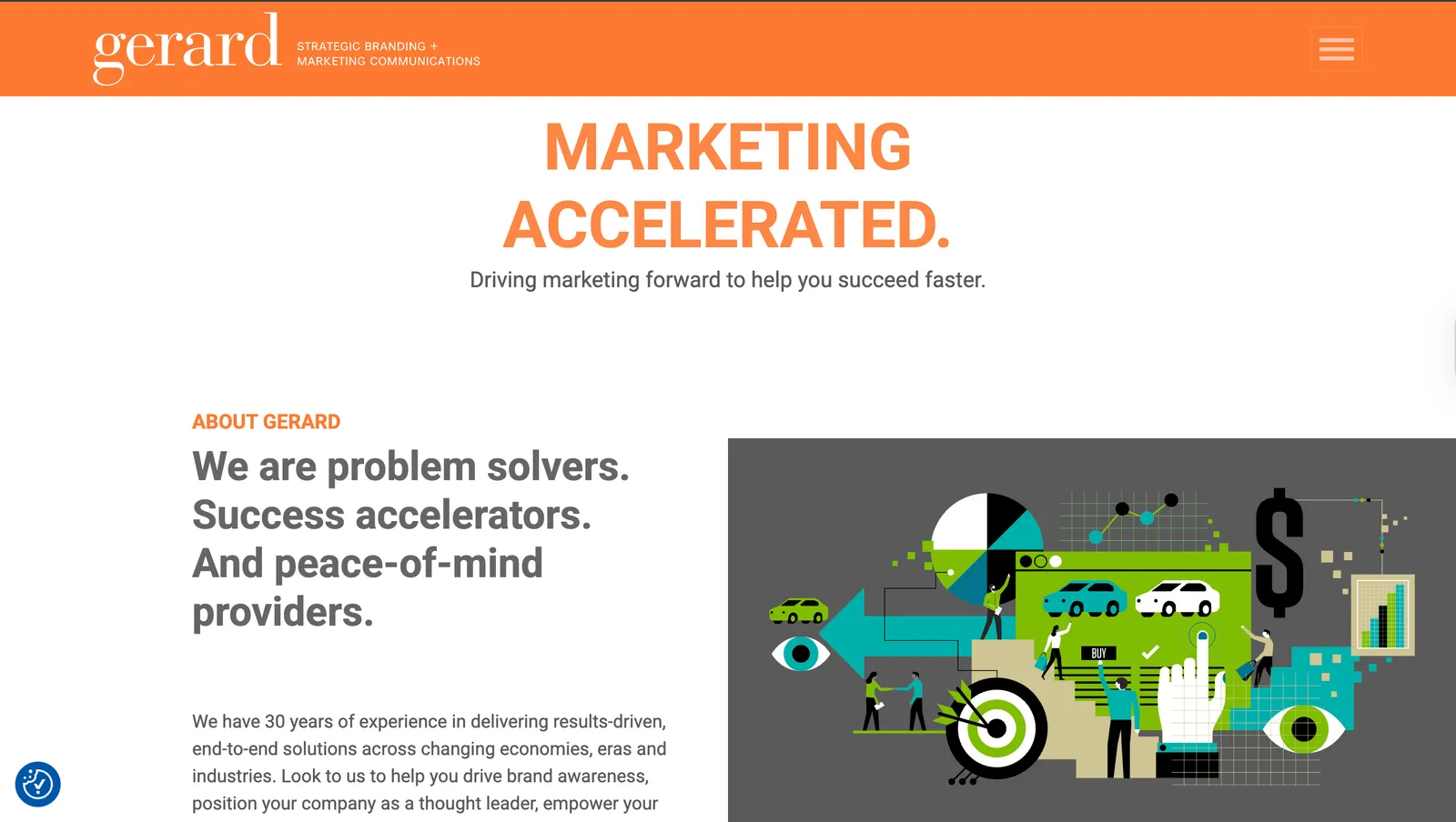 Gerard agency website hero section with the headline 'Marketing Accelerated,' subheading about driving marketing forward, and an illustration showing graphs, charts, cars, and people representing strategic branding and marketing communications.