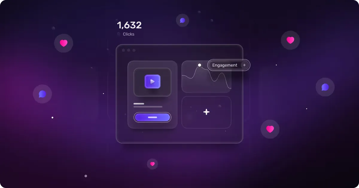 A digital interface displaying engagement metrics with '1,632 Clicks' prominently featured. The design includes a play button, a graph indicating engagement trends, and various interactive icons, all set against a dark purple background, emphasizing a sleek and professional aesthetic.