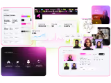 Collage of digital interface screenshots showing user profiles, analytics charts, multimedia player, and team workspace with a pink and purple gradient design theme.