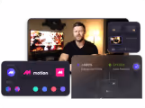Branded motion software interface on multiple devices including a laptop and smartphone, showing live streaming and user analytics.