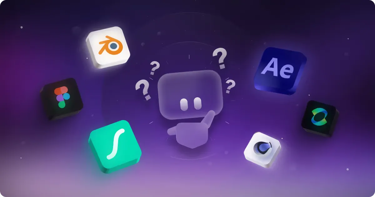 An illustrated graphic featuring a central character pondering, surrounded by various design software icons, including Blender, Figma, After Effects, and other creative tools, set against a purple background with question marks, representing the exploration of design applications.