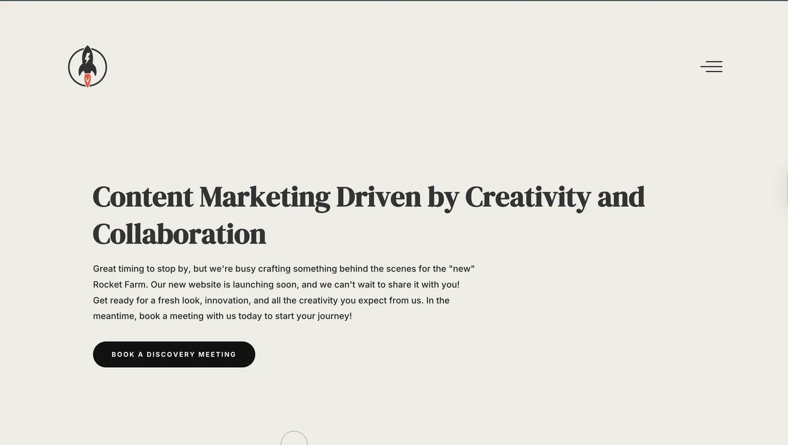 Rocket Farm website section with the headline 'Content Marketing Driven by Creativity and Collaboration,' supporting text about a new website launch, and a button labeled 'Book a Discovery Meeting.