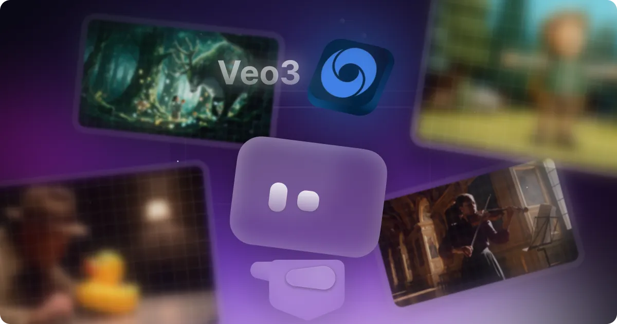 Veo3 product advertisement featuring a futuristic cartoon robot mascot, with blurred video previews in the background. Modern purple and blue color scheme highlights its technological appeal.