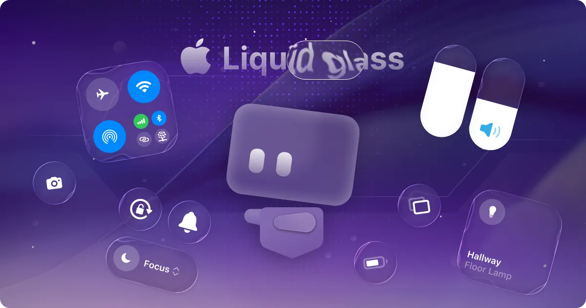 Abstract illustration of Apple Liquid Glass interface featuring colorful app icons for connectivity, photography, focus modes, and smart home controls, set against a purple gradient background with digital patterns.