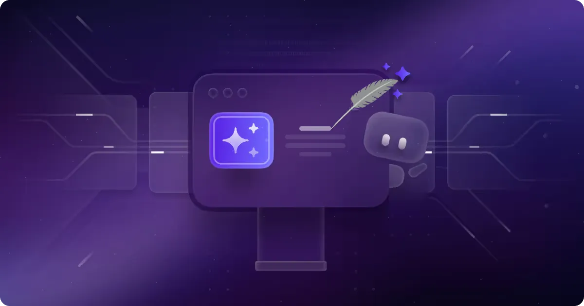 Illustration of a digital interface with a glowing icon, a feather pen, and a chatbot character on a futuristic purple background, symbolizing AI-powered content creation and technology.