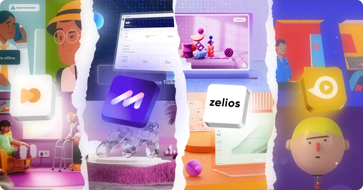 Collage of digital interfaces showcasing various platforms, including communication tools, a data dashboard, and animated avatars, illustrating tech solutions for businesses.