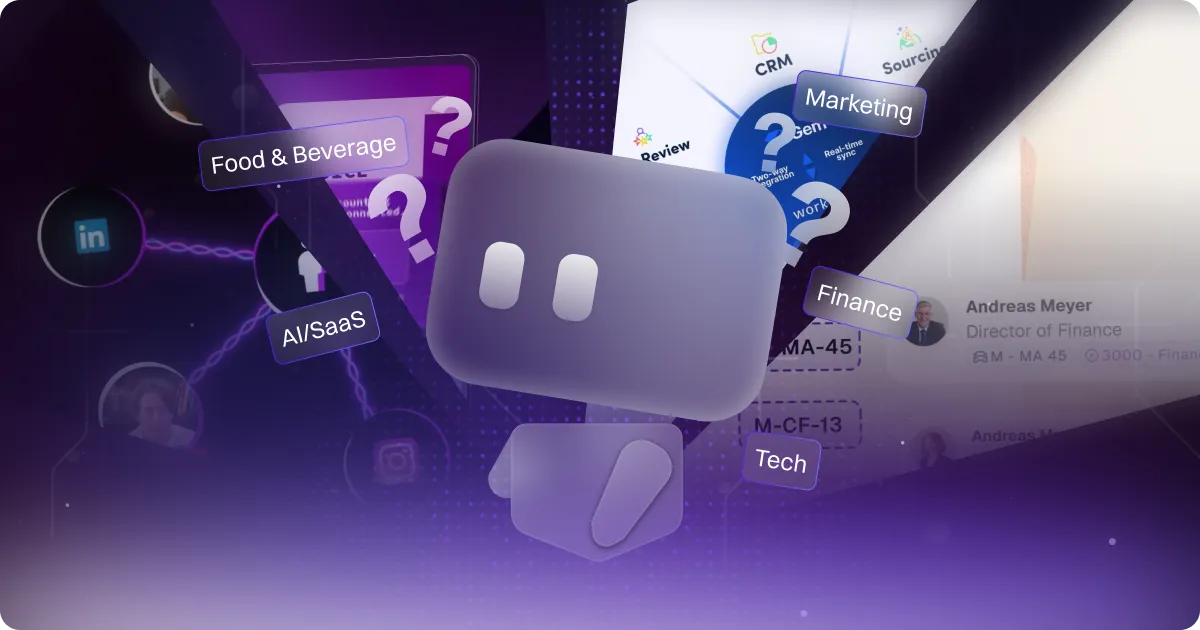 Purple 3D mascot overlaid on marketing visuals with labels for AI/SaaS, Food & Beverage, Finance, Marketing and Tech.