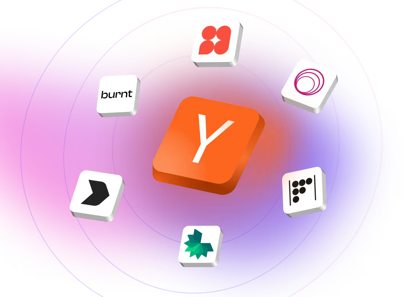 Central orange square with white Logo Y Combinator surrounded by six smaller squares featuring various logos on a purple and pink gradient background.