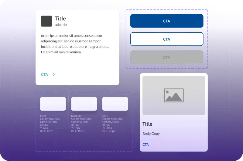 UI style guide with card, button and typography components