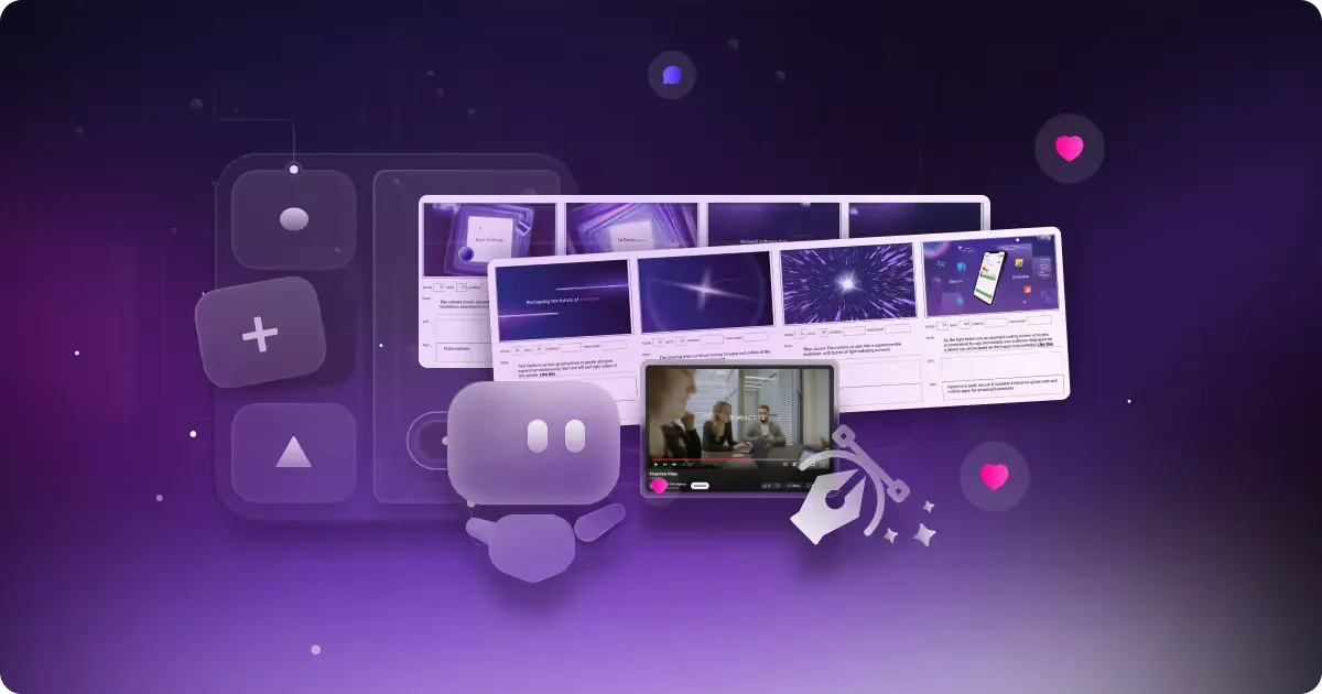 Unlimited design subscription illustration — robot character, video player, and app mockups on purple backgroun