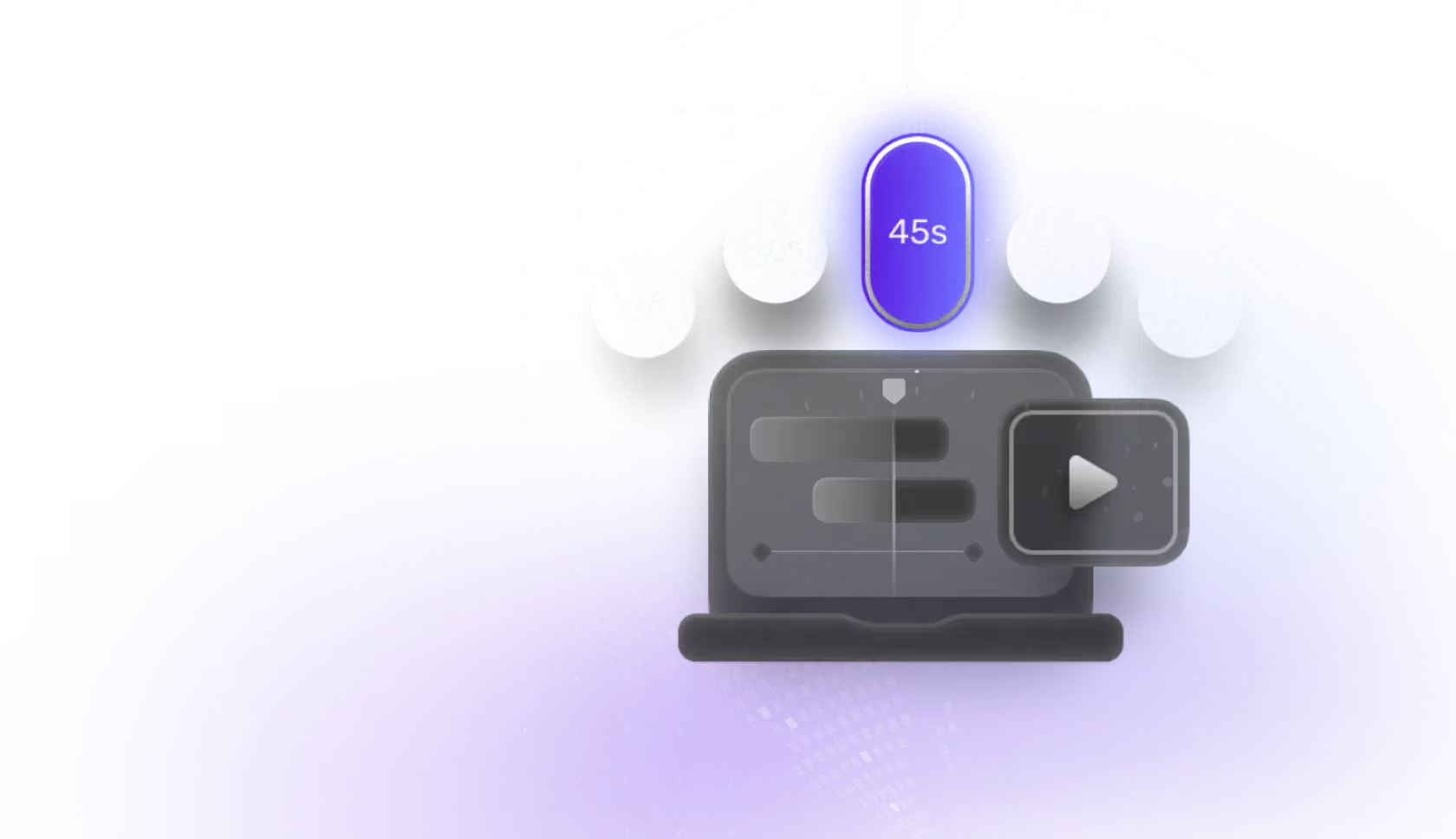 A laptop video player under a row of video length options, with 45s selected