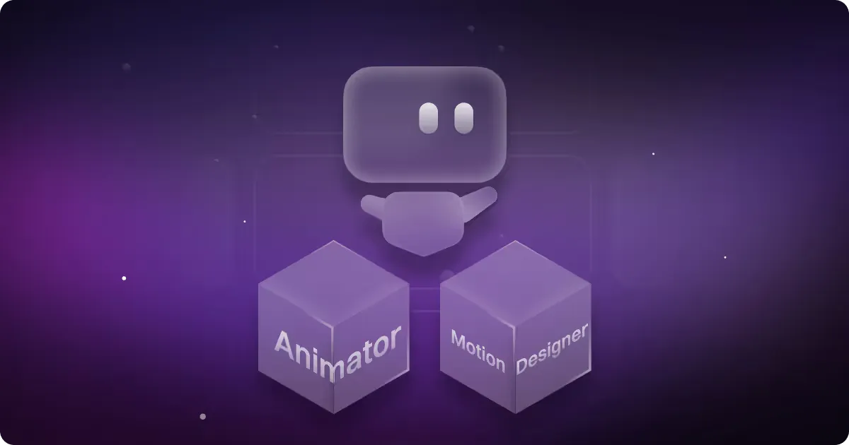 Illustration featuring a character with a speech bubble, surrounded by cubes labeled 'Animator' and 'Motion Designer' on a purple and cosmic-themed background, representing animation and motion design professions.