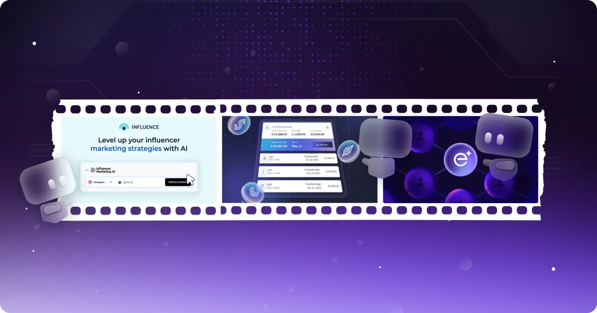 Promotional graphic for 'Influence' featuring the tagline 'Level up your influencer marketing strategies with AI.' The design includes interface elements showcasing AI marketing insights and graphs, set against a futuristic purple background with digital motifs.