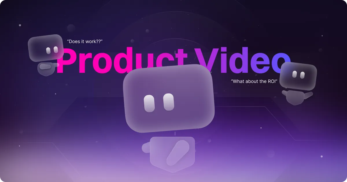 Product video guide cover — three cartoon robots with "Does it work?" speech bubbles on purple backgroun