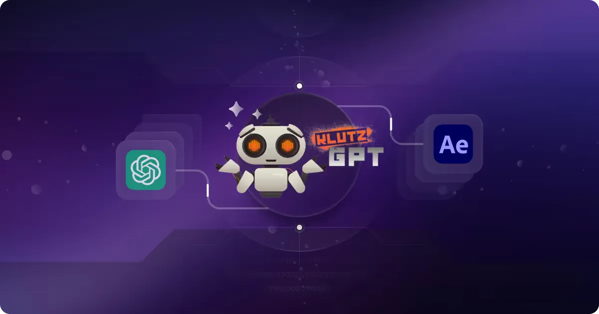 Illustration of a friendly robot character named Klutz GPT, featuring a connection between the ChatGPT logo and Adobe After Effects logo, set against a purple background with digital elements.