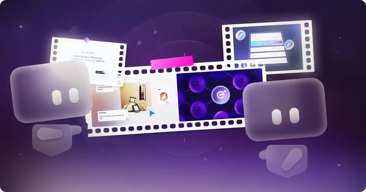 A digital illustration featuring two stylized figures in grayish tones, surrounded by film strips showcasing various marketing strategies related to AI and influencer marketing. The background has a gradient of purple and dark shades, creating a futuristic atmosphere. The film strips contain snippets of text and images related to marketing tools and AI features.