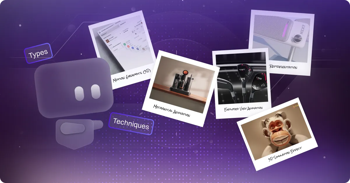A vibrant graphic featuring a purple character in the center, surrounded by labeled images of various animation types and techniques. The images include motion graphics, mechanical animation, exploded view animation, representation, and a 3D simulation effect. The background has a tech-inspired design with a gradient of purple hues.