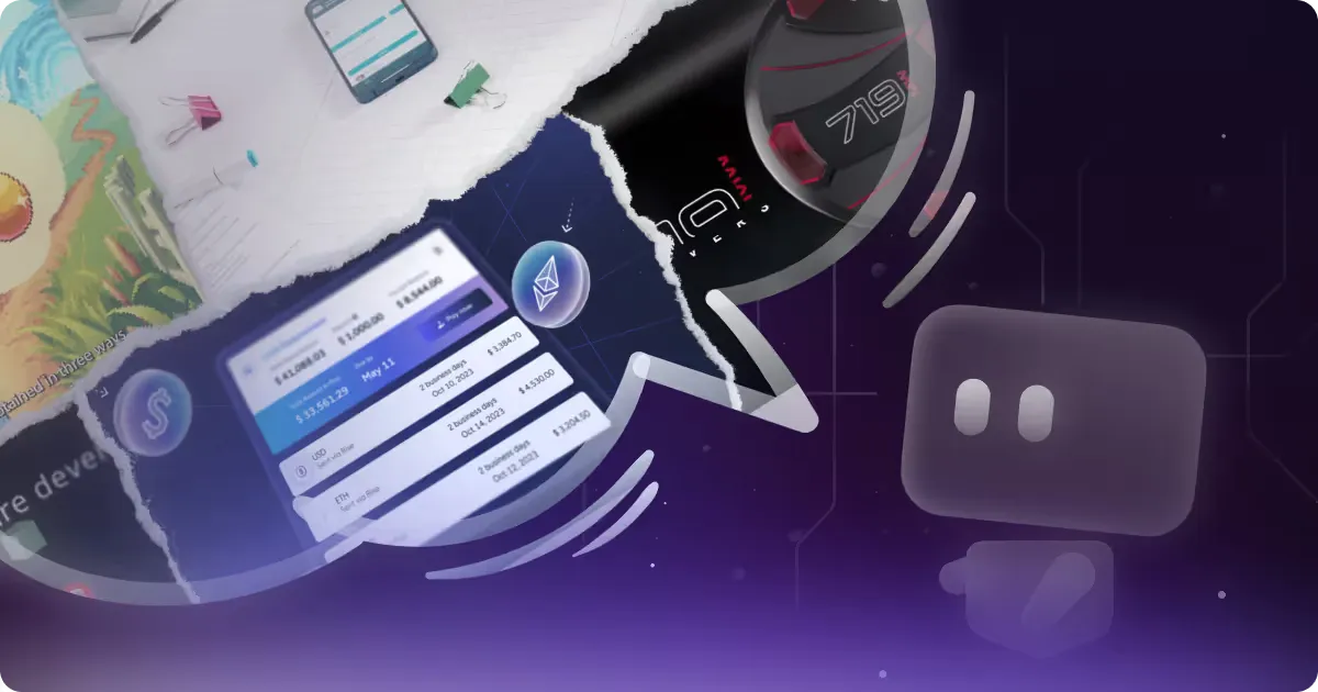 Illustration featuring a digital interface with concepts related to cryptocurrency, finance, and technology, including a smartphone displaying financial data, a payment interface, and icons representing various currencies. The background contains elements of design and creativity, symbolizing innovation in the digital space.