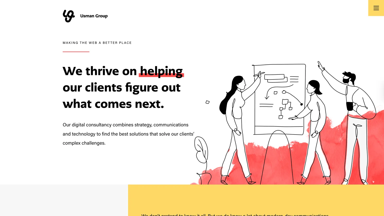 Usman Group website section showing the headline 'We thrive on helping our clients figure out what comes next,' with an illustration of three people collaborating in front of a presentation board.