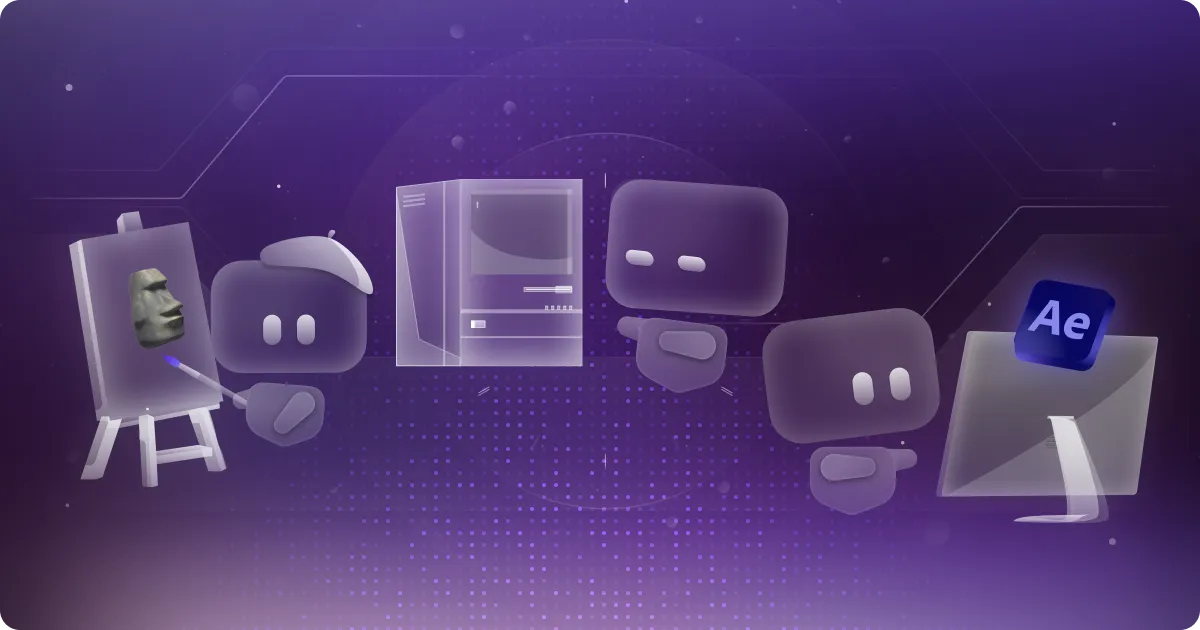 An artistic digital illustration featuring whimsical characters. A character resembling a painter holds a palette and brush next to an easel showing a stone statue's face. Another character points at a vintage computer, while two more characters observe near a computer screen displaying an Adobe After Effects logo. The background is a gradient of purple with abstract patterns.