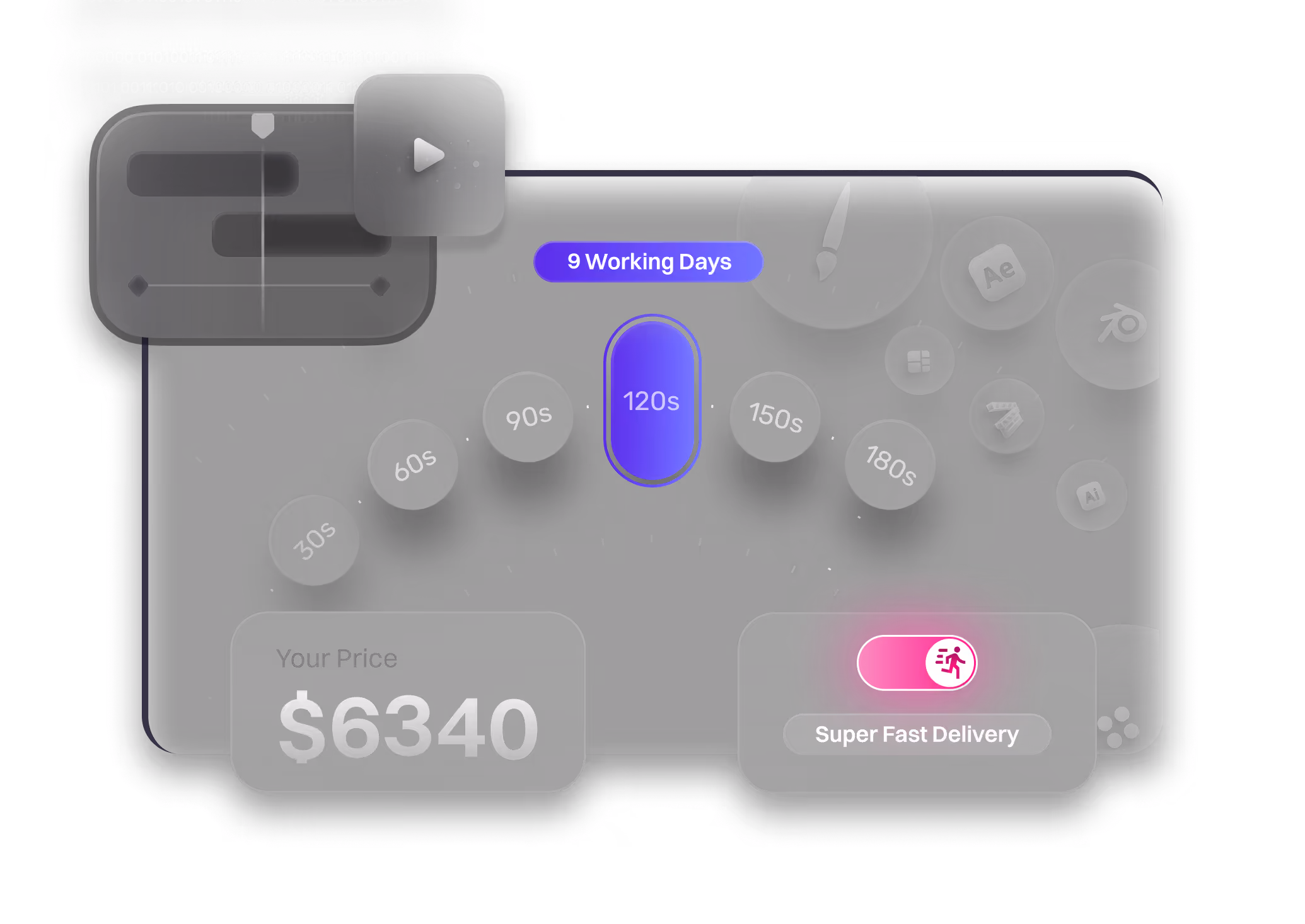 A video pricing panel: length options from 30s to 180s with 120s selected, 9 working days, a $6340 price and a Super Fast Delivery switch