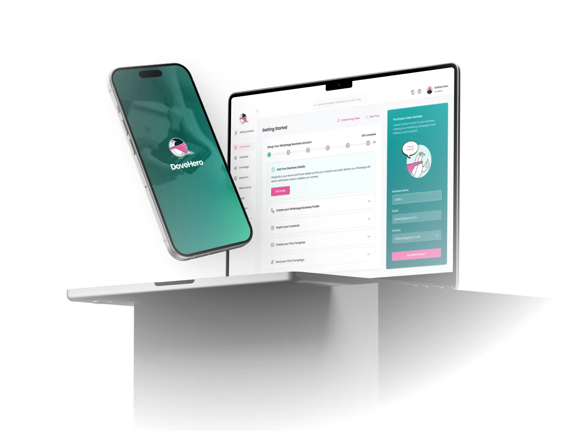 A phone next to a computer screen showing the DoveHero website