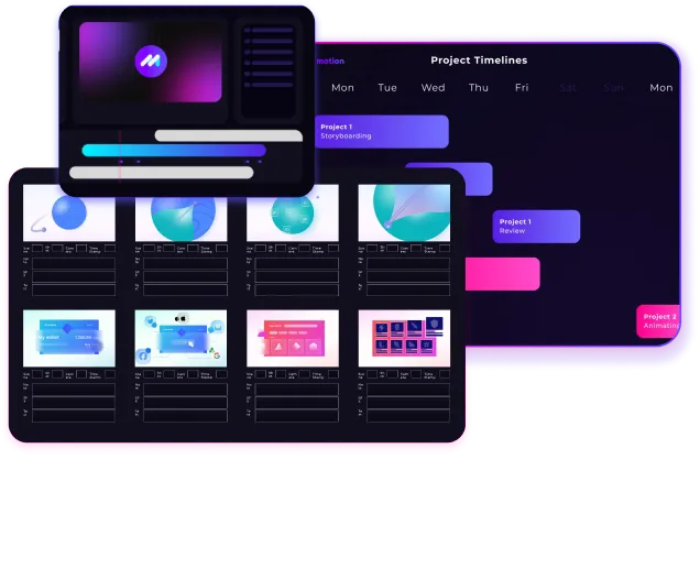 An animation project workspace: a storyboard grid, an animation editor timeline and a weekly project schedule from storyboarding to review