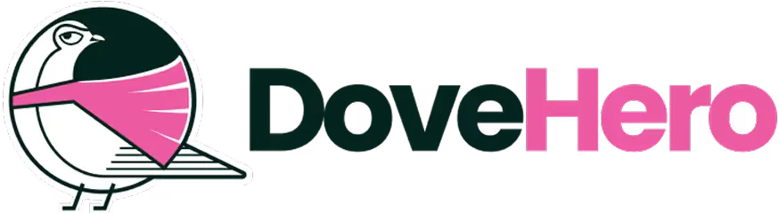 The DoveHero logo with a pink ribbon on a light background