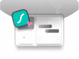 Close-up of a white smart home control panel with a floating teal app icon showing a white stylized 'S' and a pink location marker.