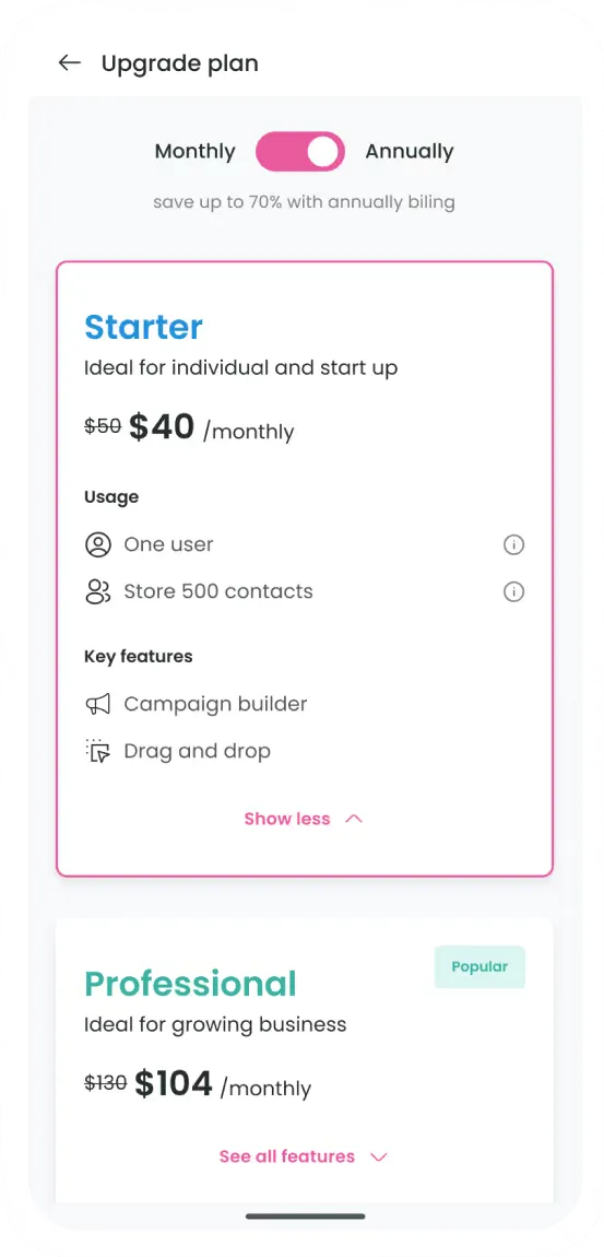 DoveHero web app: the pricing section on mobile
