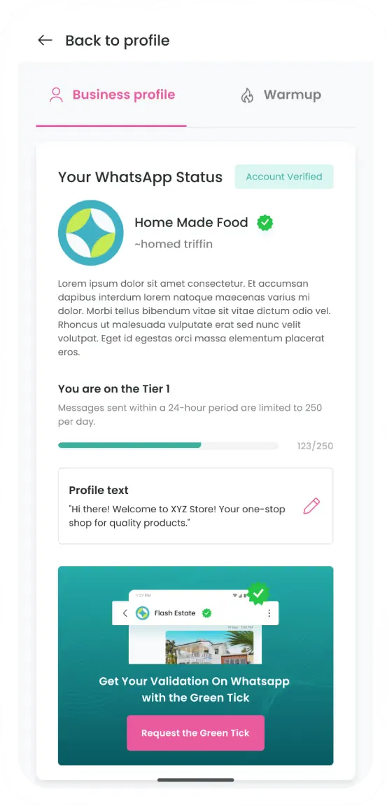 DoveHero web app: WhatsApp messaging on a mobile device