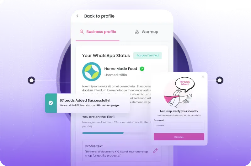 Mobile app business profile screen with a WhatsApp status and a sign-up step