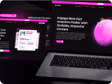 Laptop keyboard with colorful neon pink and purple holographic display elements floating above the screen.